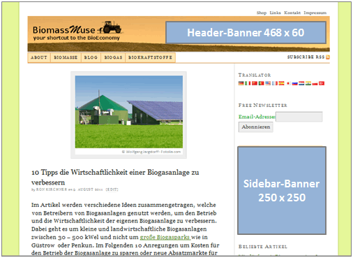 Anzeigeplätze Biomasse-Nutzung.de Werbung und Banner zu Bioenergie Biogas und Biokraftstoffen