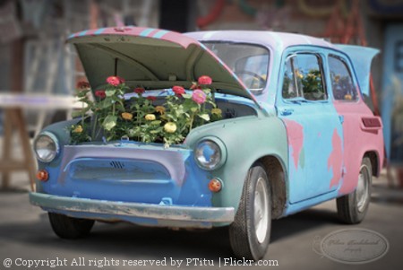 Auto mit Blumen im Tank