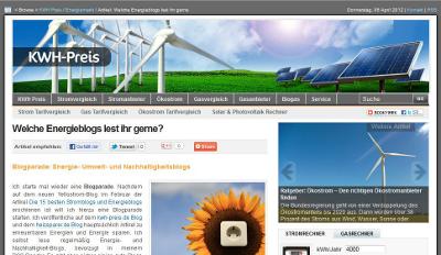 Screenshot des Energieblogs KHW-Preis